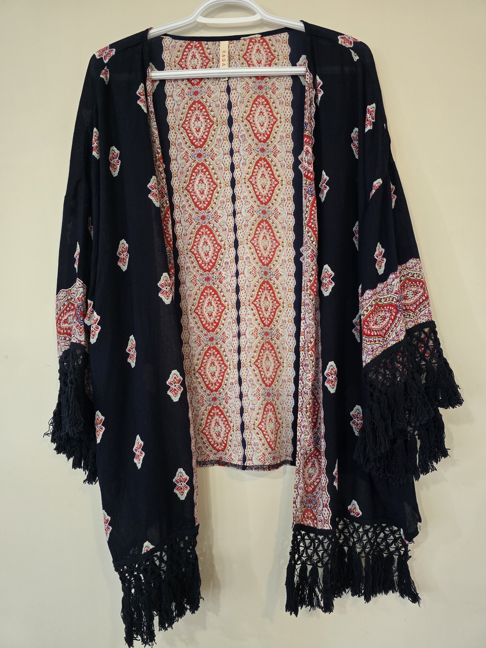 RAGA BOHO Navy Beach Cover Up Fringe Kimono with Red & Cream Medallion Print